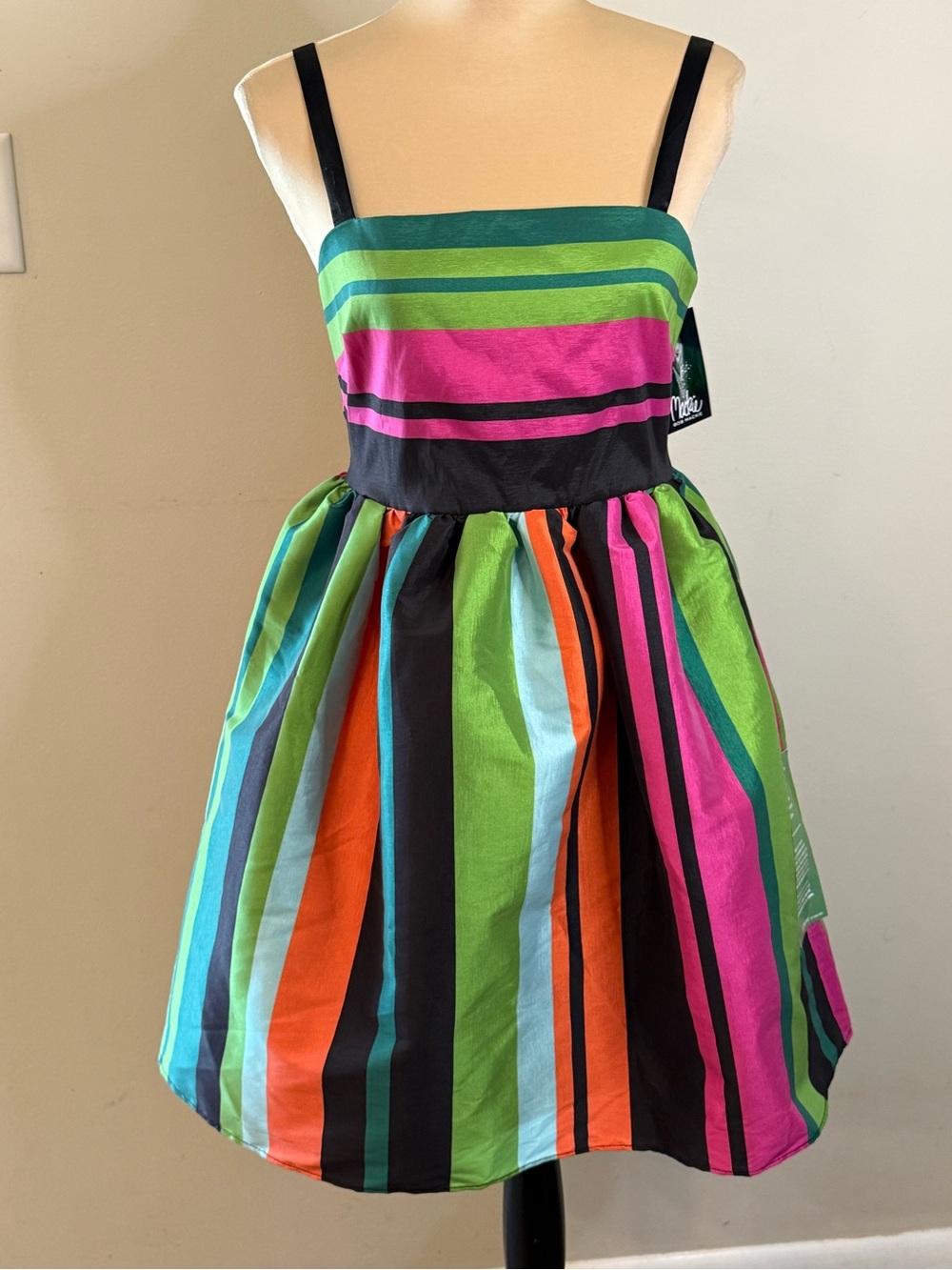 Bob Mackie Wearable Art black multicolor striped sleeveless mini dress SZ 4